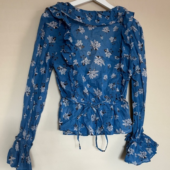 Free People Amanda Wrap Top Long Sleeve Ruffle Cottagecore Prairie Bell Sleeve - Picture 8 of 11